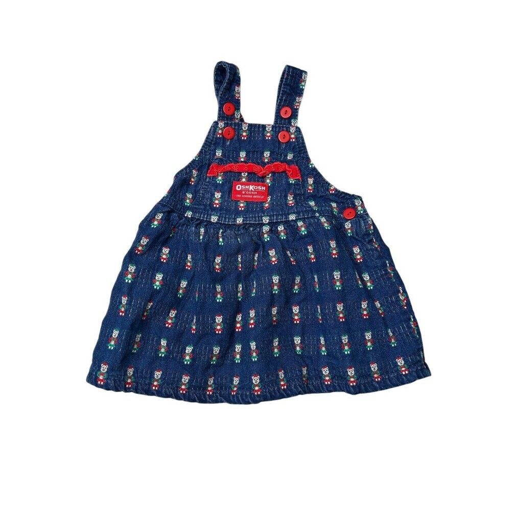 Vintage OshKosh B’Gosh Overall Dress Denim Bear Vestback Made In USA 100% cotton